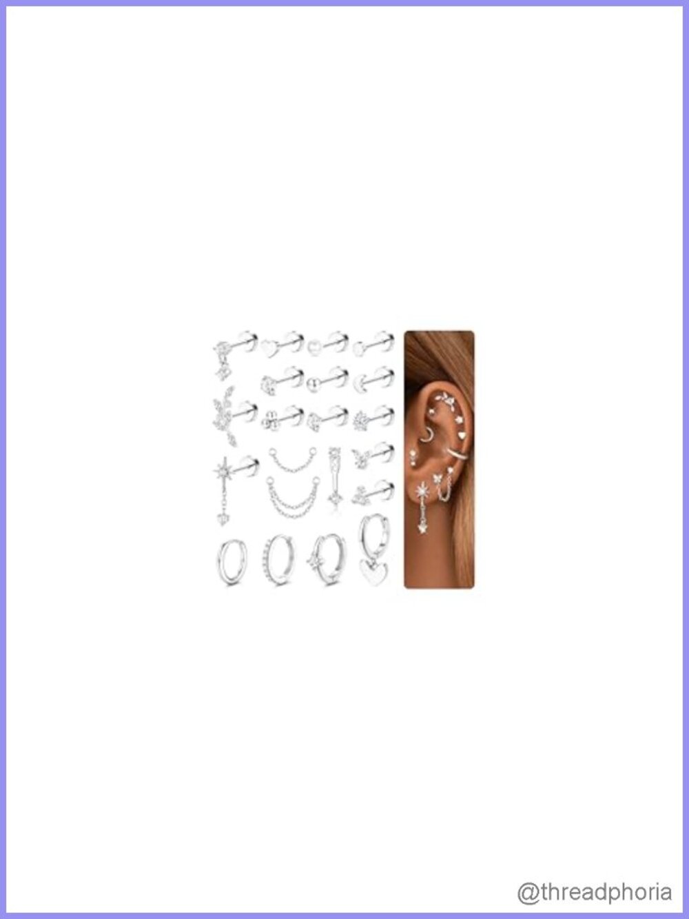21pc Flat Back Cartilage Stud Earrings 14K Gold Plated Stainless Steel Set